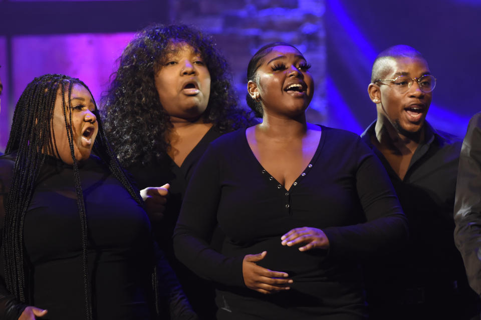 The Fisk Jubilee Singers perform at the Americana Honors & Awards show Wednesday, Sept. 22, 2021, in Nashville, Tenn. (AP Photo/Mark Zaleski)