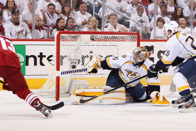 GLENDALE, AZ - APRIL 27: Goaltender Pekka Rinne #35 of the Nashville Predators makes a save on the shot from the Phoenix Coyotes in the second period of Game One of the Western Conference Semifinals during the 2012 NHL Stanley Cup Playoffs at Jobing.com Arena on April 27, 2012 in Glendale, Arizona. (Photo by Christian Petersen/Getty Images)