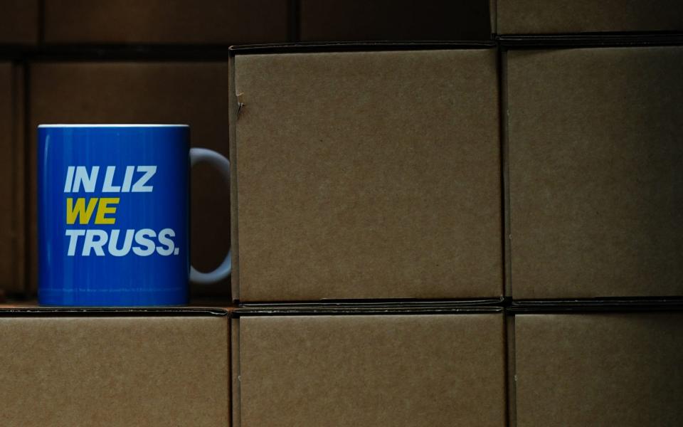 An "In Liz We Truss" mug on sale during the Conservative Party annual conference at the International Convention Centre in Birmingham - Aaron Chown/PA