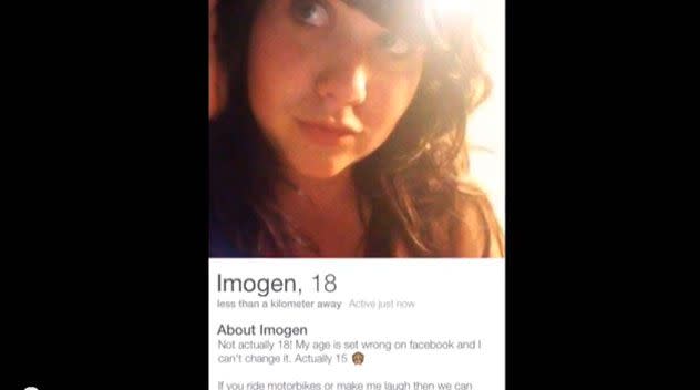A group of Melbourne vigilantes claim to have set up a fake profile for a 15-year-old girl, named Imogen, to catch men grooming underage girls on popular matchmaking mobile app Tinder. Photo: YouTube