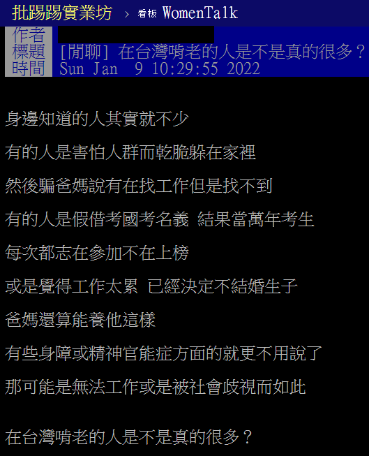  網友好奇，「台灣啃老的人是不是真的很多」。（圖／翻攝自PTT）