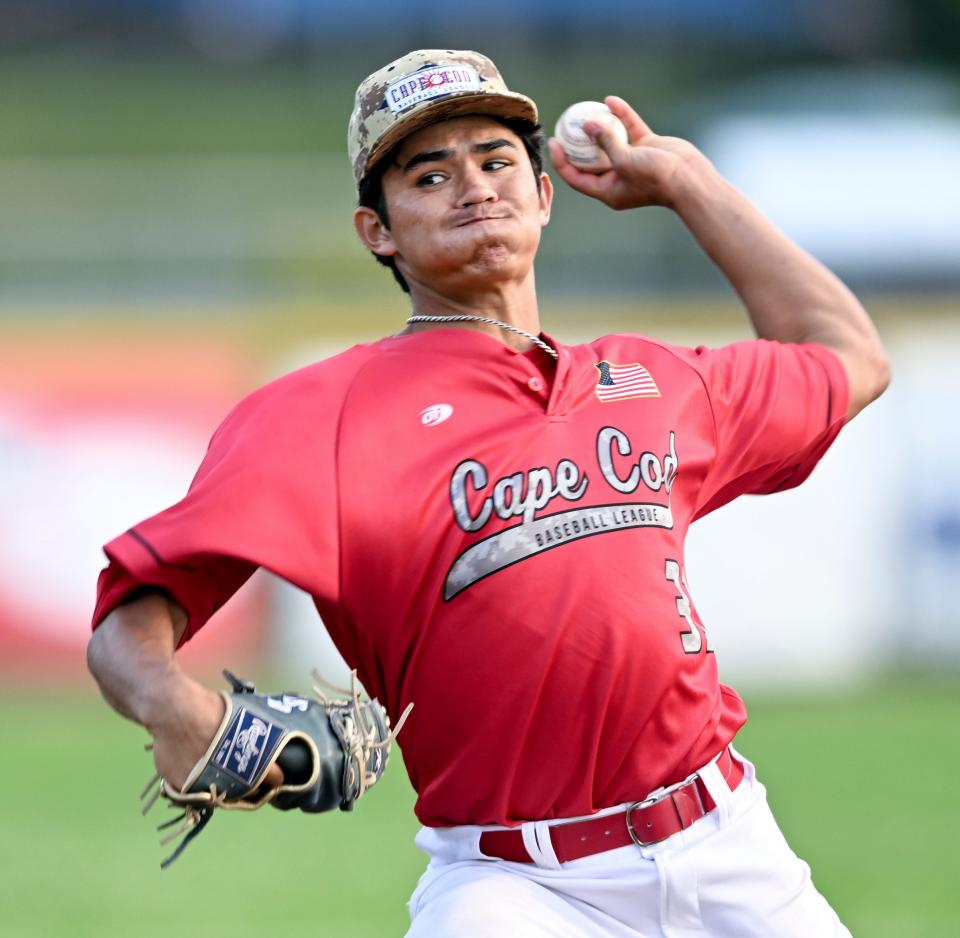 Kyle Carr, drafted by the Yankees in 2023, is photographed pitching for Orleans in the Cape Cod League on July 1, 2022.