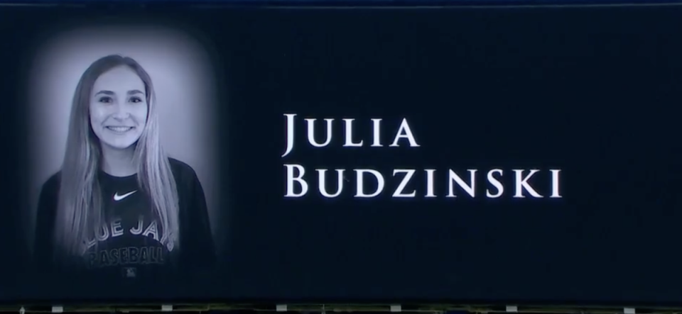 A tribute to Julia Budzinski on the scoreboard at the Rogers Centre. (Sportsnet)