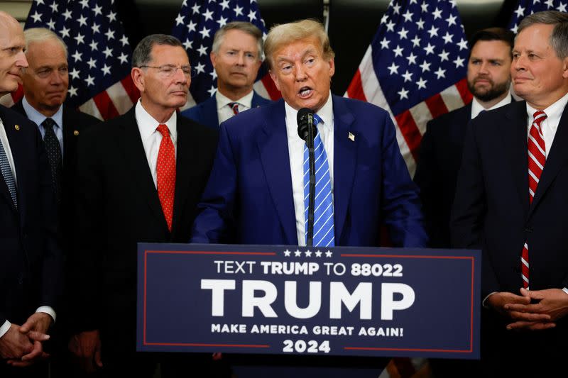 Republican presidential candidate Trump speaks to the media following meetings with Republicans on Capitol Hill, in Washington