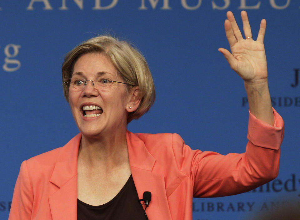 FILE - In this July 17, 2012, file photo, Massachusetts Democratic candidate for the U.S. Senate Elizabeth Warren waves to voters at the conclusion of a forum at the John F. Kennedy Presidential Library and Museum in Boston. Democrats are counting on their New England friends to help them pick up Republican-held Senate seats on Nov. 6 and construct a barrier against losses in Nebraska and elsewhere that could erase their majority. In Massachusetts, Republican Sen. Scott Brown is suddenly considered the underdog against Warren as the state is poised to easily back President Barack Obama over former Gov. Mitt Romney. (AP Photo/Stephan Savoia, File)