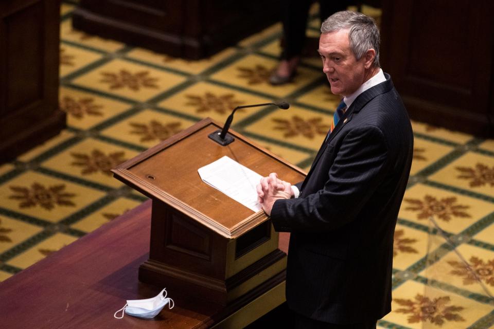 Secretary of State Tre Hargett speaks during Tennessee’s 2020 Electoral College at the State Capitol in Nashville, Tenn., Monday, Dec. 14, 2020.