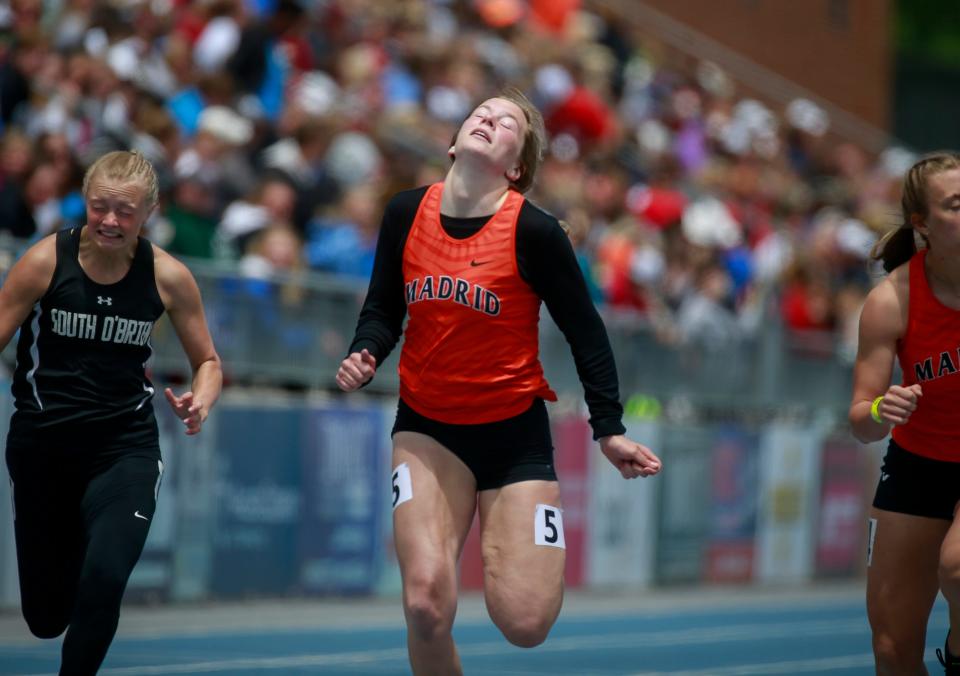 Madrid's Lilly Ostert wins a Class 1A state title in the girls 100 meter dash during the Iowa high school state track and field meet on May 21 at Drake Stadium in Des Moines.