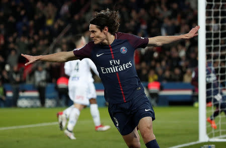 Soccer Football - Ligue 1 - Paris St Germain vs RC Strasbourg - Parc des Princes, Paris, France - February 17, 2018 Paris Saint-Germain’s Edinson Cavani celebrates scoring their fourth goal REUTERS/Benoit Tessier