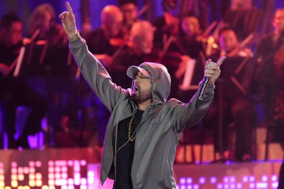 Eminem performs during "Live From Detroit: The Concert at Michigan Central" on Thursday, June 6, 2024, in Detroit. (AP Photo/Carlos Osorio)