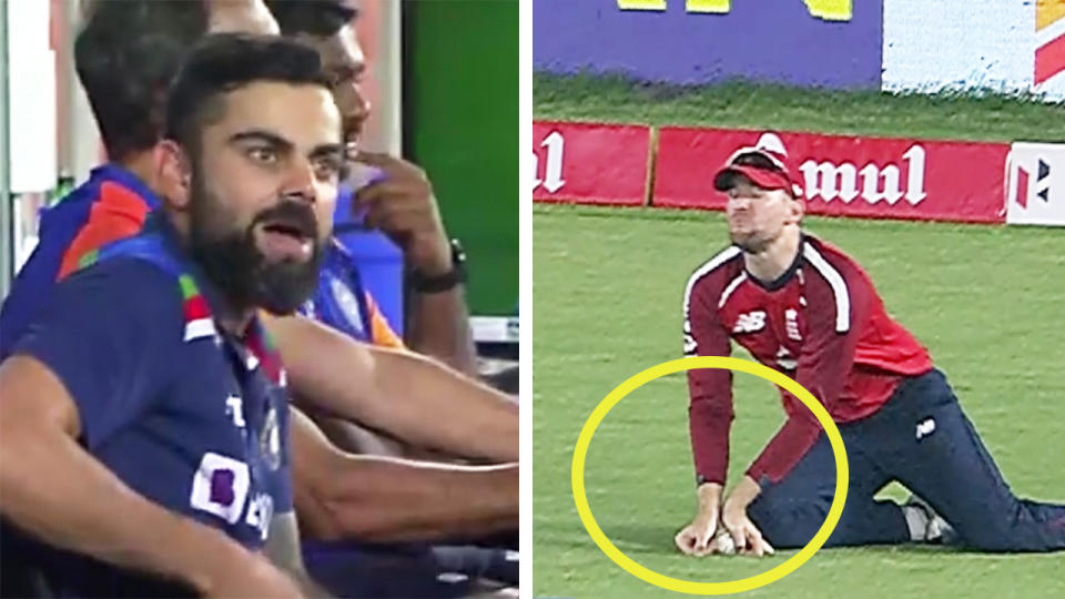 Virat Kohli (pictured left) confused after Dawid Malan (pictured right) takes a catch, which looked like it hit the ground to many.