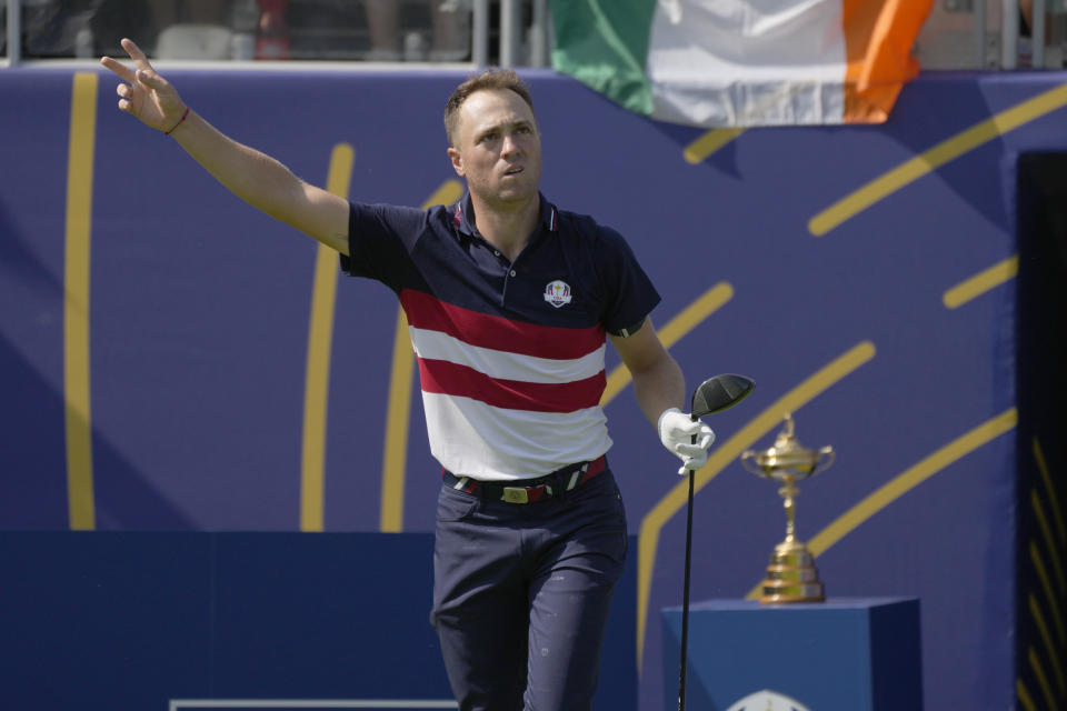 FILE - Justin Thomas reacts on the first tee as his ball goes right off the tee during his singles match at the Ryder Cup golf tournament at the Marco Simone Golf Club in Guidonia Montecelio, Italy, Sunday, Oct. 1, 2023. Thomas will be playing for Atlanta Drive GC in the new primetime television TGL League that starts in January. (AP Photo/Alessandra Tarantino, File)