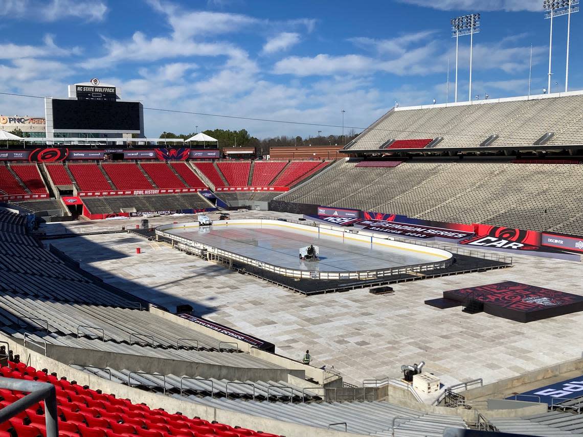 Preparations continue at NC State’s Carter-Finley Stadium for the 2023 Stadium Series outdoor game Saturday, Feb. 18 between the Carolina Hurricanes and Washington Capitals.