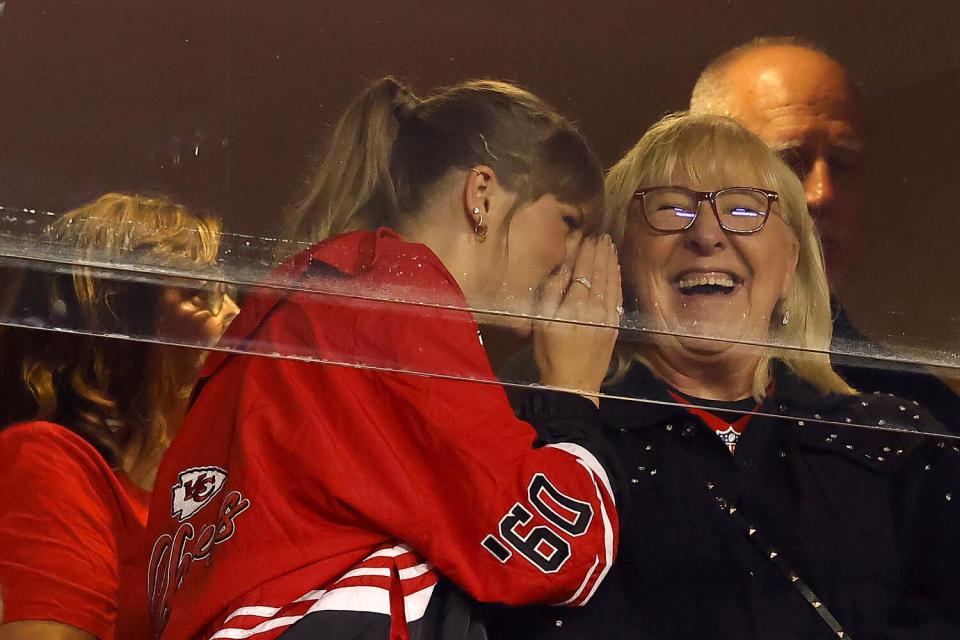 Taylor Swift and Donna Kelce look on before the game between the Kansas City Chiefs and the Denver Broncos in October.