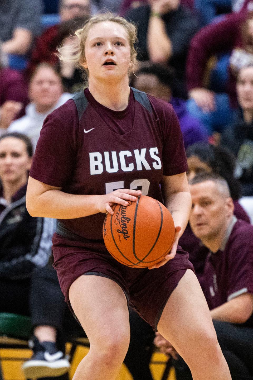 Buchanan's Hannah Tompkins (52) shoots the ball during the Brandywine-Buchanan high school Division 3 District 78 basketball game on Saturday, March 04, 2023, at Coloma High School in Coloma, Michigan.