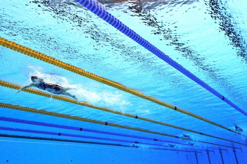 <p>Katie Ledecky of the United States leads the field in the Women’s 800m Freestyle Final on Day 7 of the Rio 2016 Olympic Games at the Olympic Aquatics Stadium on August 12, 2016 in Rio de Janeiro, Brazil. (Photo by Adam Pretty/Getty Images) </p>