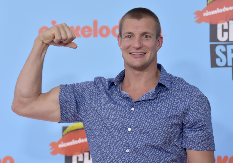 NFL player Rob Gronkowski, of the New England Patriots, arrives at the Kids' Choice Sports Awards on Thursday, July 11, 2019, at the Barker Hangar in Santa Monica, Calif. (Photo by Richard Shotwell/Invision/AP)