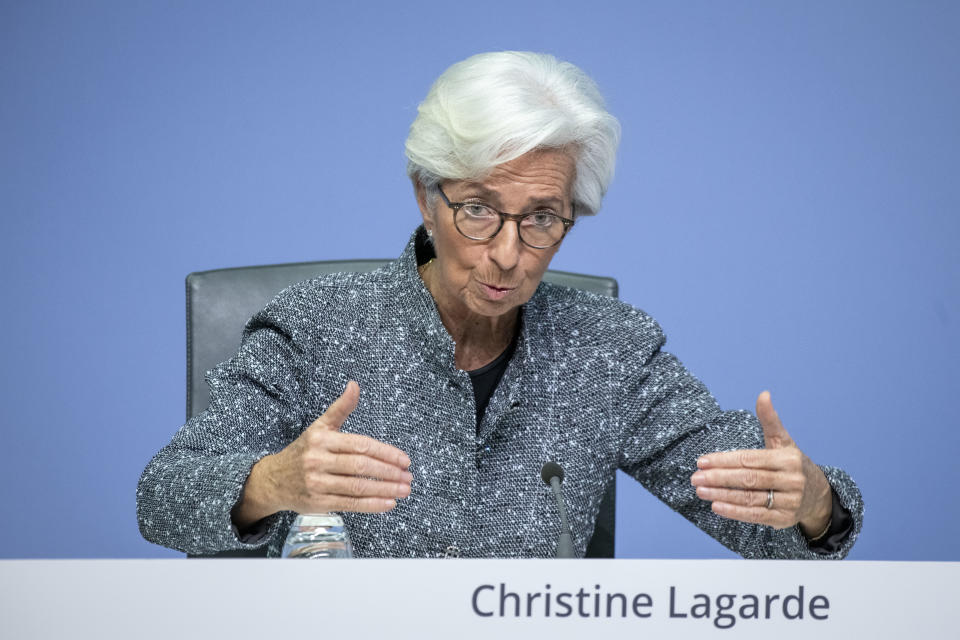 FRANKFURT AM MAIN, GERMANY - MARCH 12: Christine Lagarde, President of the European Central Bank, speaks to the media following a meeting of the ECB governing board at ECB headquarters on March 12, 2020 in Frankfurt, Germany. The ECB is pursuing measures to counter the economic impact of the rapidly spreading coronavirus. The number of confirmed cases across Europe has reached 25,000. (Photo by Thomas Lohnes/Getty Images)