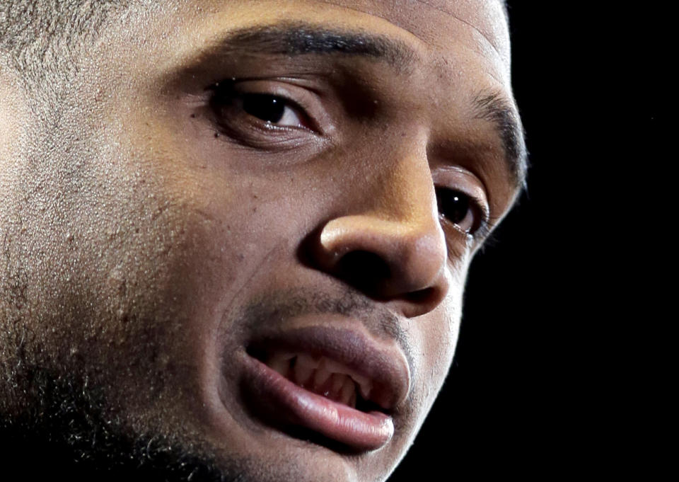 Missouri defensive end Michael Sam speaks during a news conference at the NFL football scouting combine in Indianapolis, Saturday, Feb. 22, 2014. Sam came out to the entire country Feb. 9, and could become the first openly gay player in the NFL. (AP Photo/Nam Y. Huh)