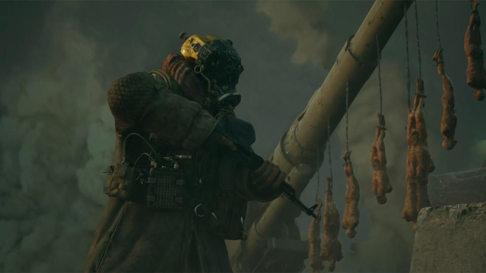 A player character with a gas mask
