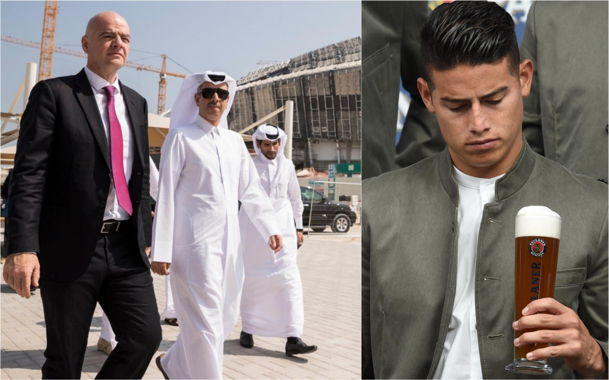 (izquierda) Gianni Infantino, presidente de FIFA, en una visita en Qatar. (derecha) James Rodríguez, en un acto con el Bayern Munich. | Foto: Getty