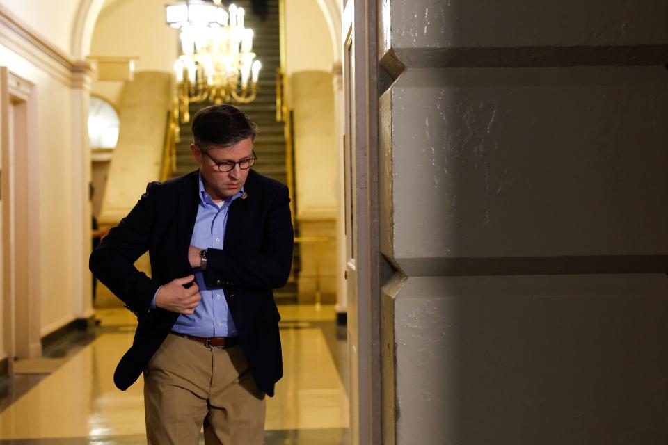 Rep. Mike Johnson, R-La., arrives to a meeting with House Republicans at the U.S. Capitol Building on October 09, 2023 in Washington, DC.