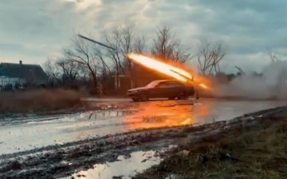 The modified BMW 3-series launches a salvo of rockets on Russian positions near Bakhmut