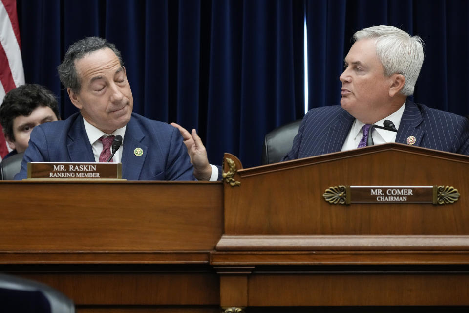 FILE - Oversight Committee Chairman James Comer, R-Ky., speaks with Ranking Member Rep. Jamie Raskin, D-Md., during the House Oversight Committee impeachment inquiry hearing into President Joe Biden, Thursday, Sept. 28, 2023, on Capitol Hill in Washington. (AP Photo/Jacquelyn Martin, File)