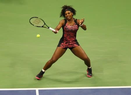 Sep 8, 2015; New York, NY, USA; Serena Williams of the United States hits to Venus Williams of the United States on day nine of the 2015 U.S. Open tennis tournament at USTA Billie Jean King National Tennis Center. Mandatory Credit: Jerry Lai-USA TODAY Sports