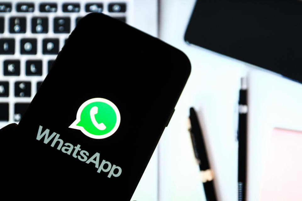 POLAND - 2020/11/19: In this photo illustration a Whatsapp online communicator app logo seen displayed on a smartphone. (Photo Illustration by Filip Radwanski/SOPA Images/LightRocket via Getty Images)