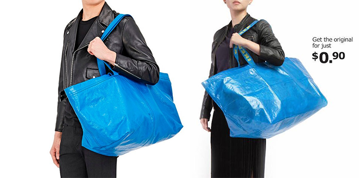 From left to right, Balenciaga’s ad featuring its blue tote vs. Ikea’s ad featuring its blue tote with its price displayed in the top right corner. (Photo: Balenciaga/Ikea)