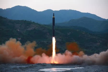 The long-range strategic ballistic rocket Hwasong-12 (Mars-12) is launched during a test in this undated photo released by North Korea's Korean Central News Agency (KCNA) on May 15, 2017. KCNA via REUTERS