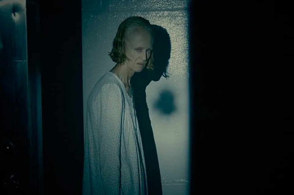 An emaciated woman looking out of it in a dark room