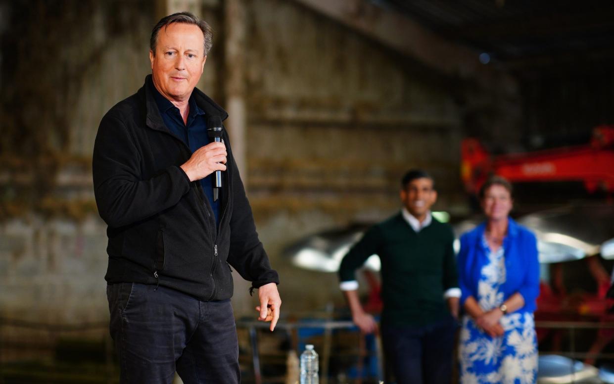 Lord Cameron watched by Prime Minister Rishi Sunak and parliamentary candidate for North Devon Selaine Saxby, as he answers questions during a visit to a farm in Devon