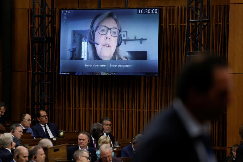 Candidate for Speaker Elizabeth May gives a speech prior to Members of Parliament voting to elect a new Speaker in the House of Commons on Parliament Hill in Ottawa