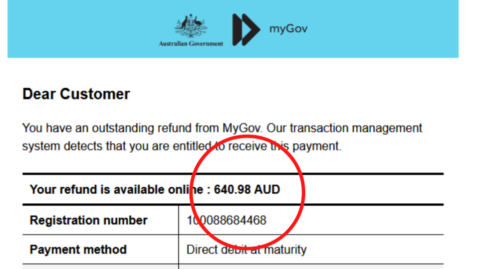 A copy of the myGov scam email.