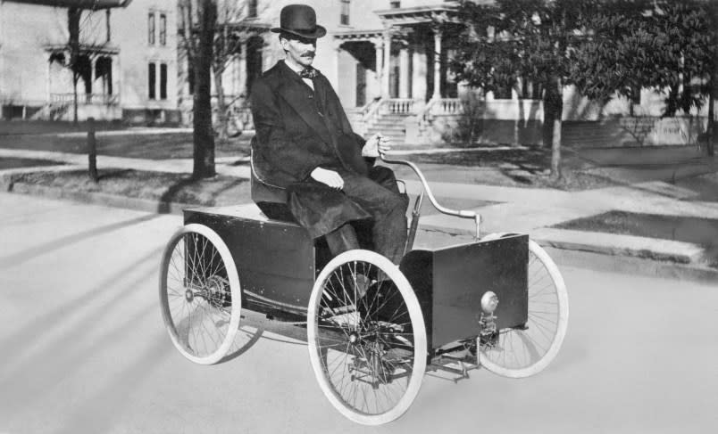 Henry Ford driving in his first automobile, the Quadracycle, on Grand Boulevard in Detroit, Michigan. (Getty Images)