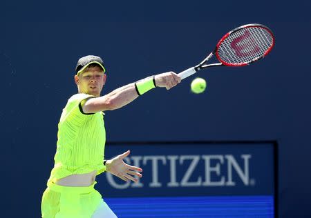 Aug 29, 2016; New York, NY, USA; Kyle Edmund of Great Britain in action against Richard Gasquet of France on day one of the 2016 U.S. Open tennis tournament at USTA Billie Jean King National Tennis Center. Jerry Lai-USA TODAY Sports
