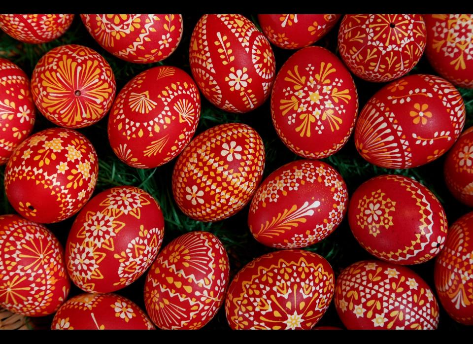 SCHLEIFE, GERMANY - MARCH 21:  Easter eggs painted in traditional Sorbian motives lie on display and for sale at the annual Easter egg market on March 21, 2010 in Schleife, Germany. Easter egg painting is a strong part of Sorbian tradition and visual elements within the painting are meant to ward off evil. Sorbians are a Slavic minority in eastern Germany and many still speak Sorbian, a language closely related to Polish and Czech.  (Photo by Sean Gallup/Getty Images)