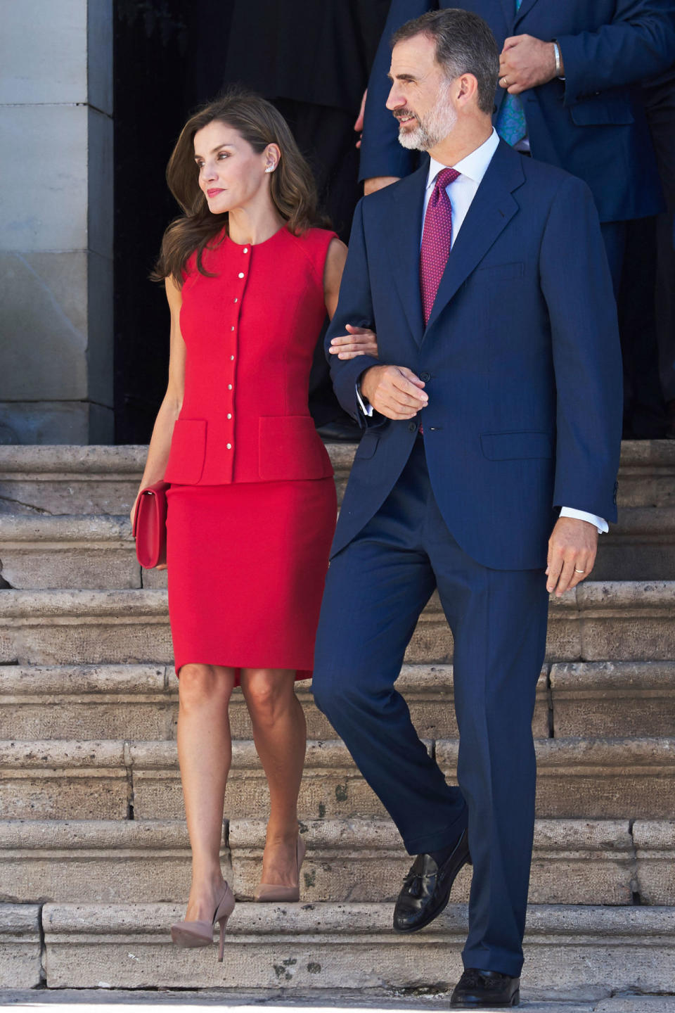 <p><strong>13 September</strong> King Felipe and Queen Letizia of Spain attended the National Culture awards <span>in Spain. Letizia wore a chic red button-front dress and court shoes to the event. </span></p>