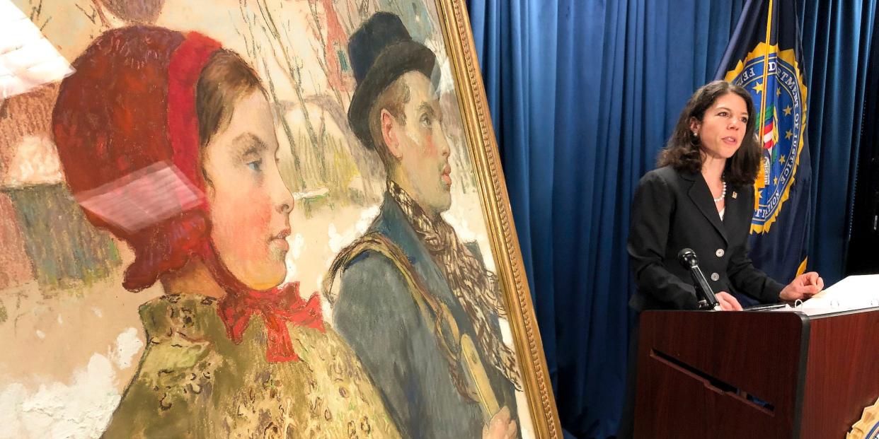 Acting U.S Attorney for the Northern District of New York, Antoinette T. Bacon, speaks at a repatriation ceremony for the painting "Winter" Thursday, Oct. 15, 2020, in Albany, N.Y. The painting, discovered in an upstate New York museum, was part of a cache of art seized by the Nazis from the Mosse family in Berlin in 1933.