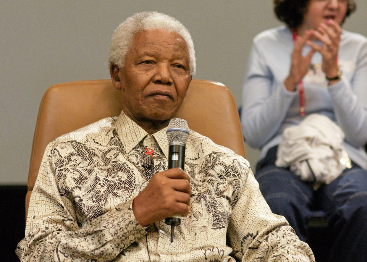 21 June 2003; Former South African President Nelson Mandela at the Global Youth Summit, hosted by Timothy Shriver, President Special Olympics, in the Four Seasons Hotel, Ballsbridge, Dublin. Picture credit: Ray McManus / SPORTSFILE (Photo by Sportsfile/Corbis/Sportsfile via Getty Images)