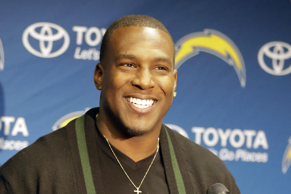 FILE - San Diego Chargers tight end Antonio Gates speaks after an NFL football game against the Kansas City Chiefs Sunday, Jan. 1, 2017, in San Diego. Three-time All-Pros Julius Peppers and Antonio Gates headline the list of nine first-year eligible players picked among the 273 nominees for the 2024 class of the Pro Football Hall of Fame.(AP Photo/Alex Gallardo, File)