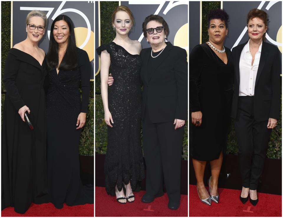 <p>Las mujeres de Hollywood se han tomado muy en serio su batalla contra el acoso sexual y la desigualdad en su industria y los Globos de Oro eran el escaparate perfecto para dar visibilidad a su lucha. Así, algunas actrices, además de vestir de negro en la alfombra roja, posaron junto a activistas del movimiento feminista. (Foto: Gtres). </p>