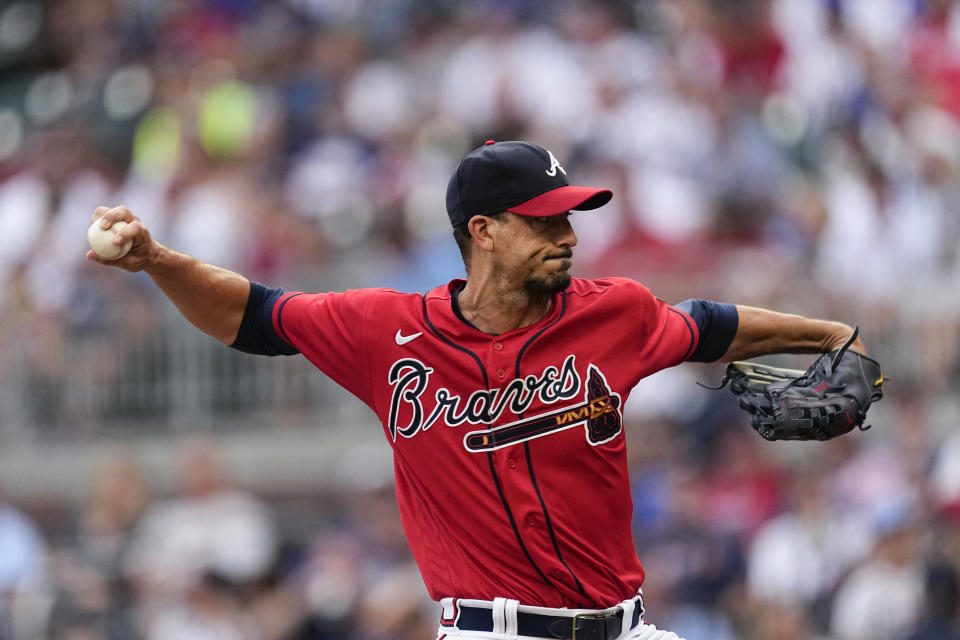 Atlanta Braves starting pitcher Charlie Morton works in the first inning of a baseball game against the Chicago White Sox, Friday, July 14, 2023, in Atlanta. (AP Photo/John Bazemore)