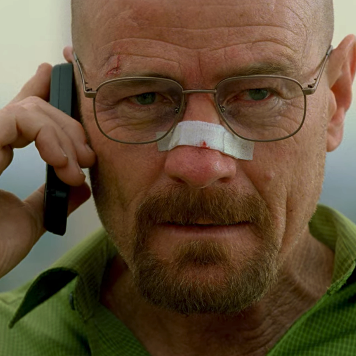 Walt looks intense on a phone call with Skyler as he delivers the news that Gus is dead and their family is safe