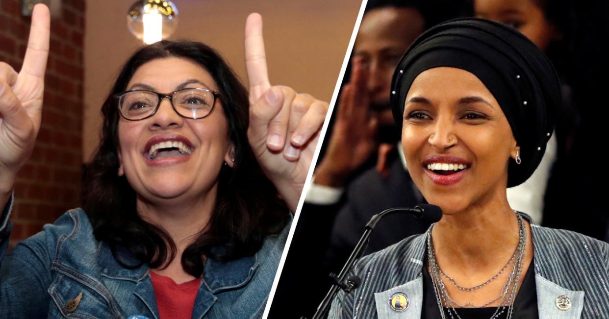 Democratic U.S. congressional candidate Rashida Tlaib celebrates with family, left and Democratic congressional candidate Ilhan Omar reacts after appearing at her midterm election night party. (Photos: Rebecca Cook/Reuters – Eric Miller/Reuters)