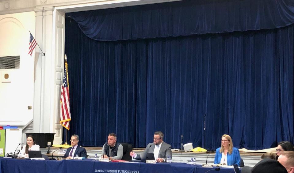 From left, Sparta Board of Education Vice President Leigh McMichael, attorney Marc Zitomer, President Kurt Morris, superintendent Matt Beck and business administrator Joanne Black listen to the public comment portion of the board's meeting at the Mohawk Avenue School Thursday, Feb. 23, 2023.