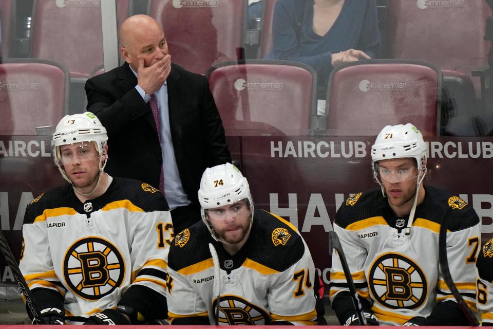 Bruins head coach Jim Montgomery reacts during the third period of Friday's game against the Panthers.  Florida won, 7-5, forcing Game 7 in the first-round playoff series.