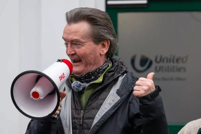 Feargal Sharkey joins the Save Windermere demonstration outside United Utilities office in Windermere