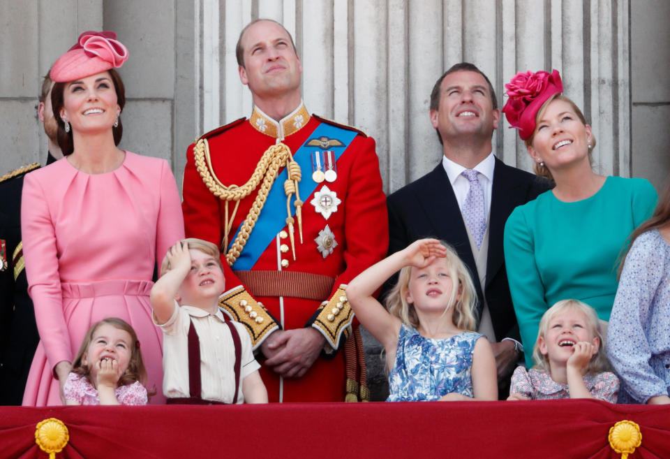 Princess Anne's son, Peter, has two children with Autumn Phillips, whom he married in 2008. Their daughters, Savannah and Isla (pictured to the right of Charlotte and George), do not have royal titles since their dad wasn't given one at the request of his mother. Anne's daughter, Zara, also has a daughter named Mia Grace (not pictured).